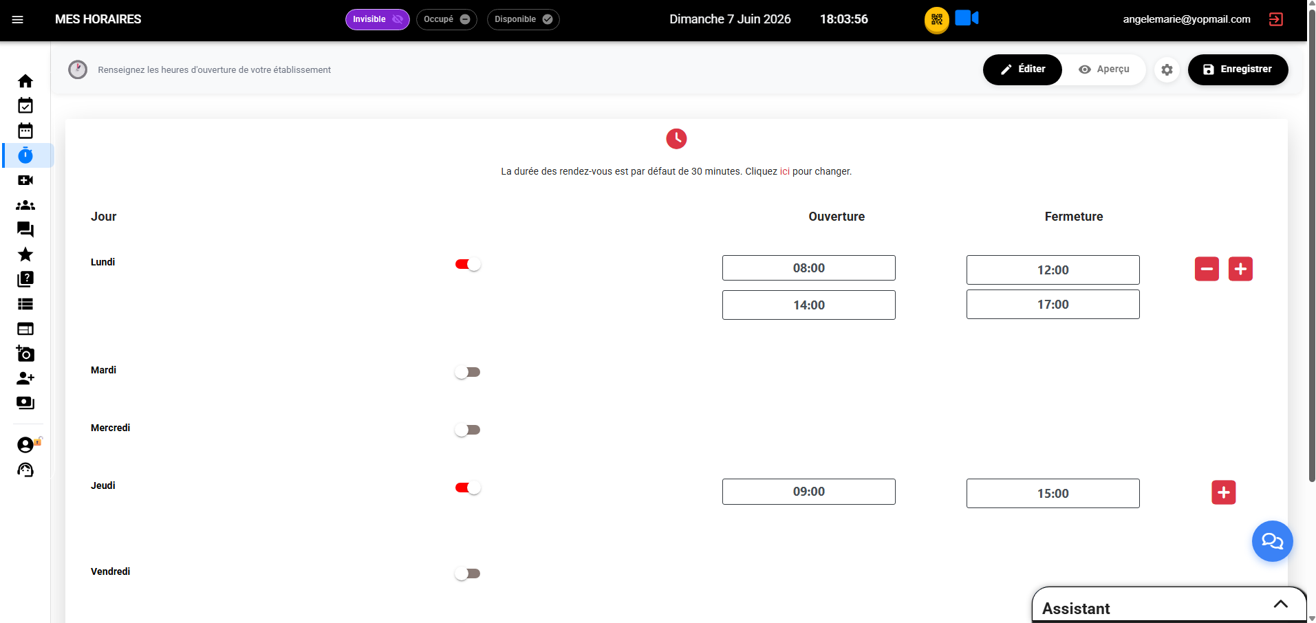 Configurez vos horaires